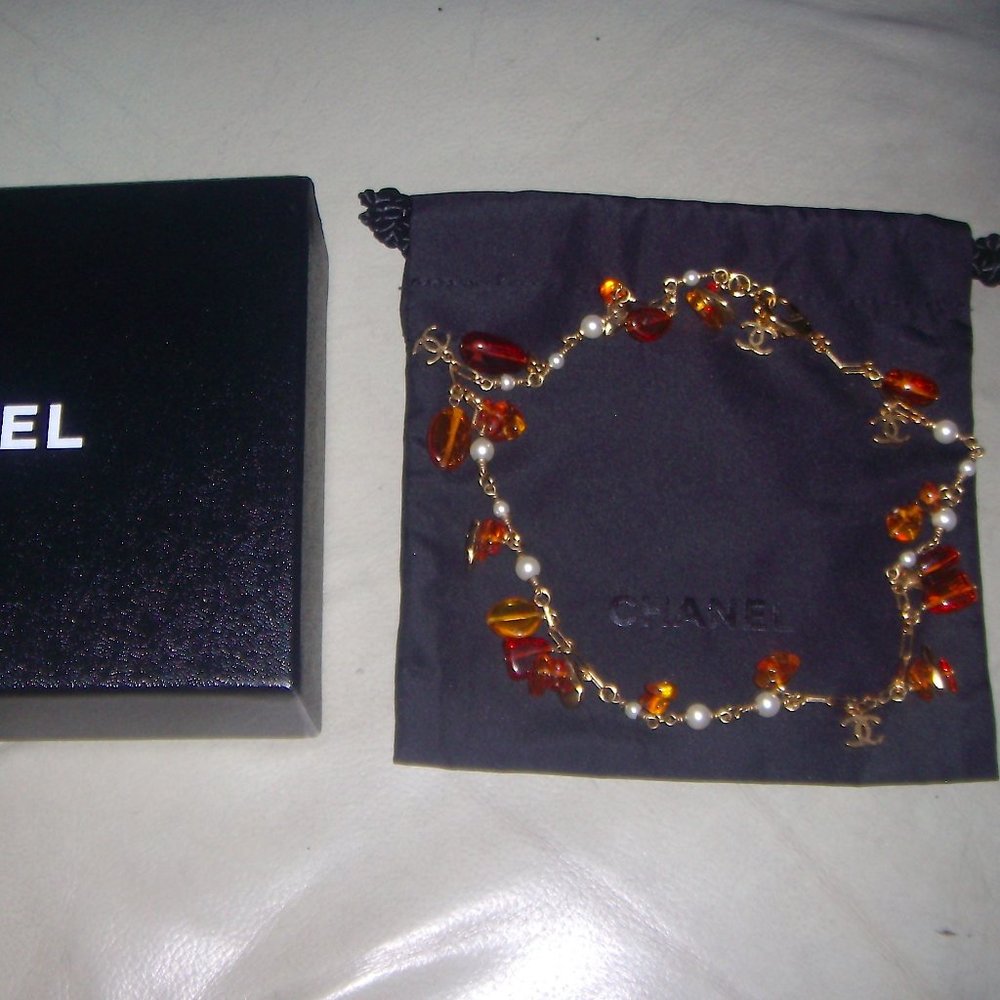 Chanel Gold Amber Resin Pearl CC Charm 17" Necklace  MADE IN ITALY